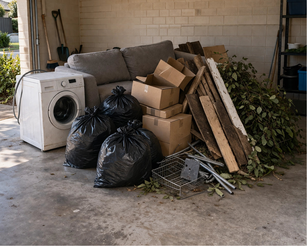 Household junk build-up in a Alkimos garage before professional junk removal service