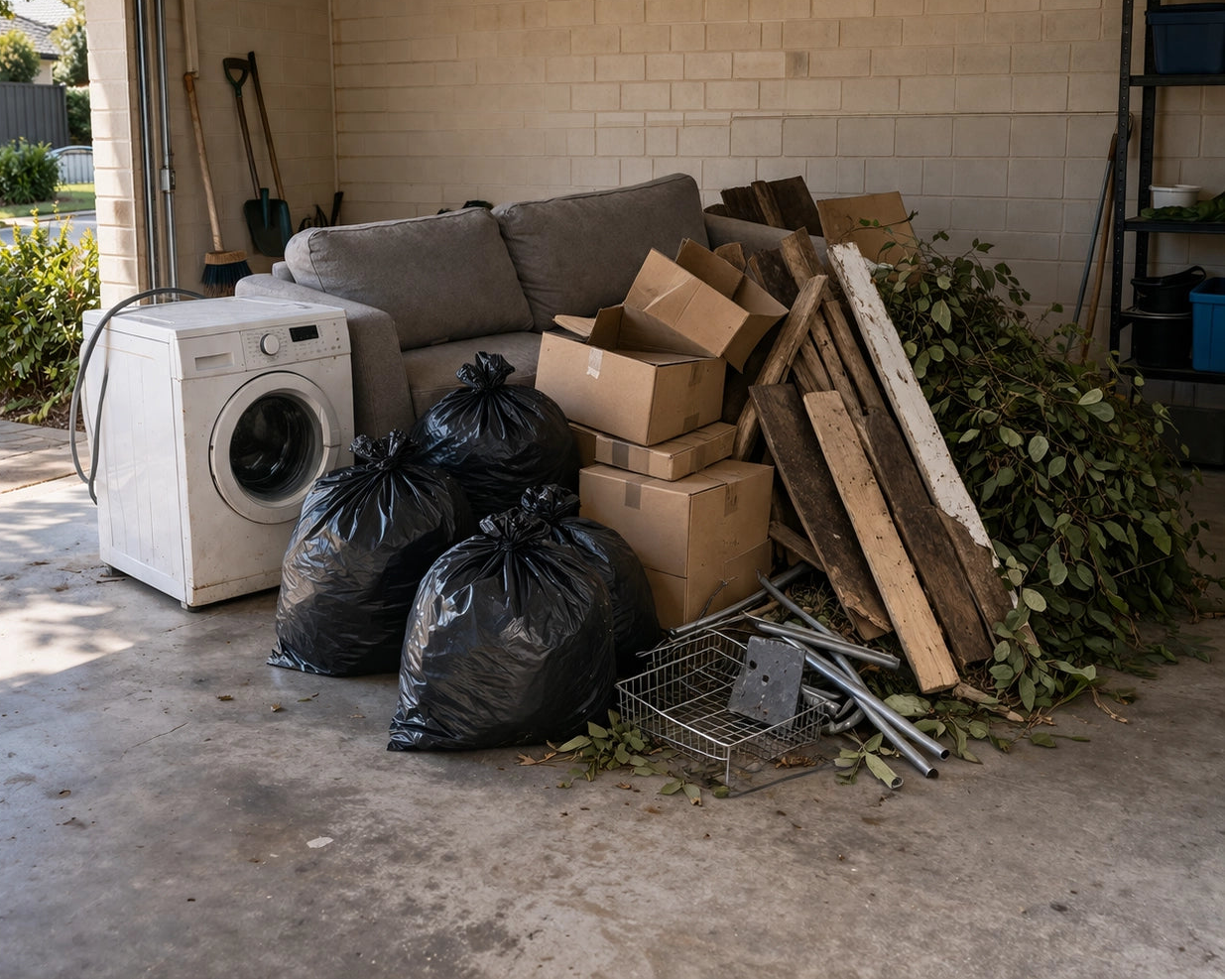 Household junk build-up in a Perth Applecross garage before professional junk removal service