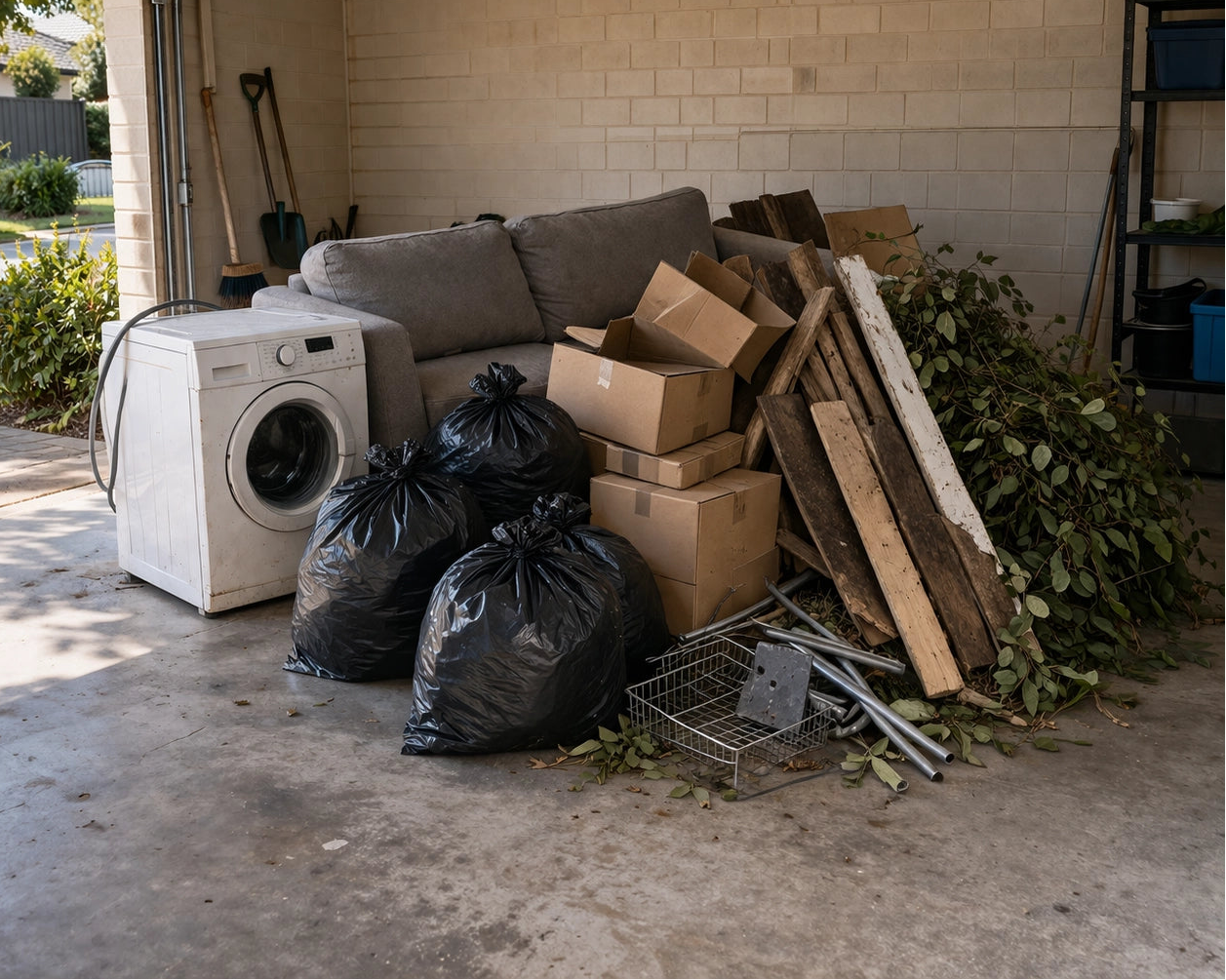 Household junk build-up in a Butler garage before professional junk removal service