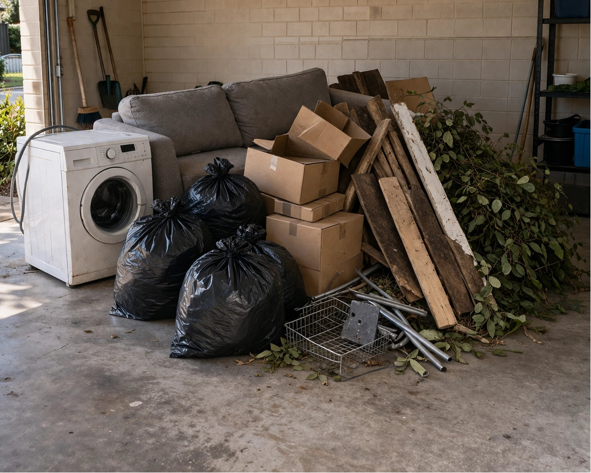 Household junk build-up in a Currambine garage before professional junk removal service
