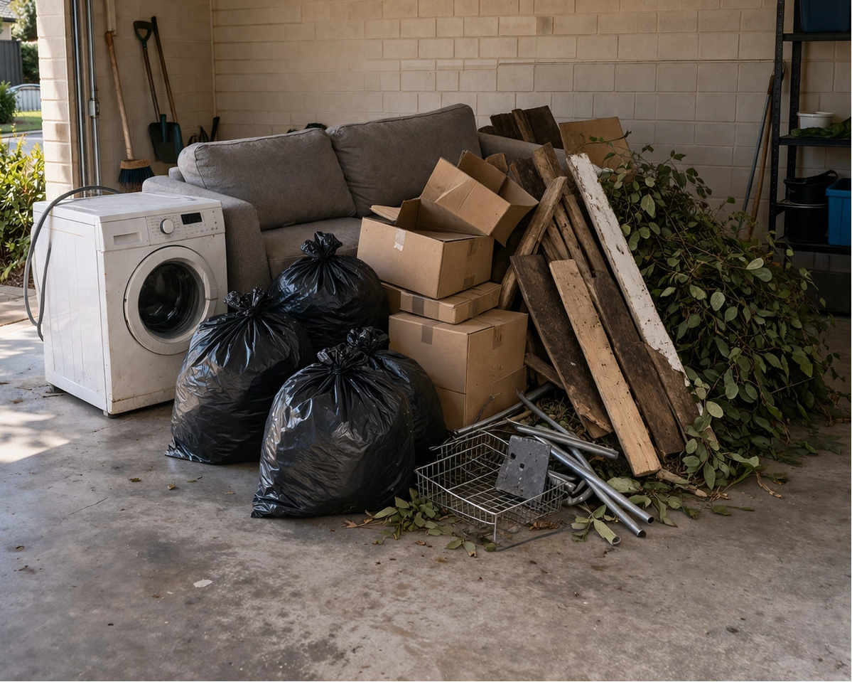 Household junk build-up in a Eglinton garage before professional junk removal service