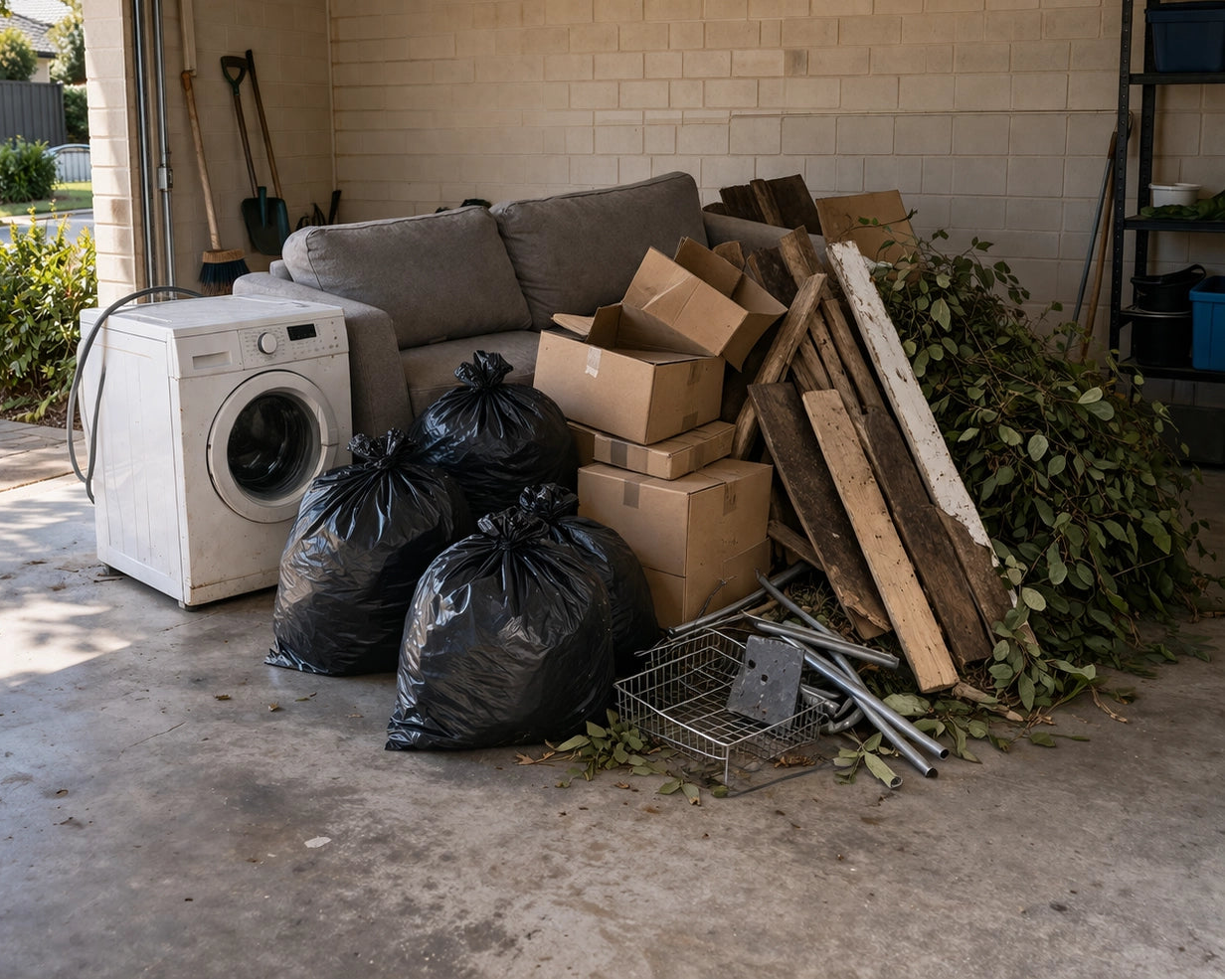 Household junk build-up in a Ellenbrook garage before professional junk removal service