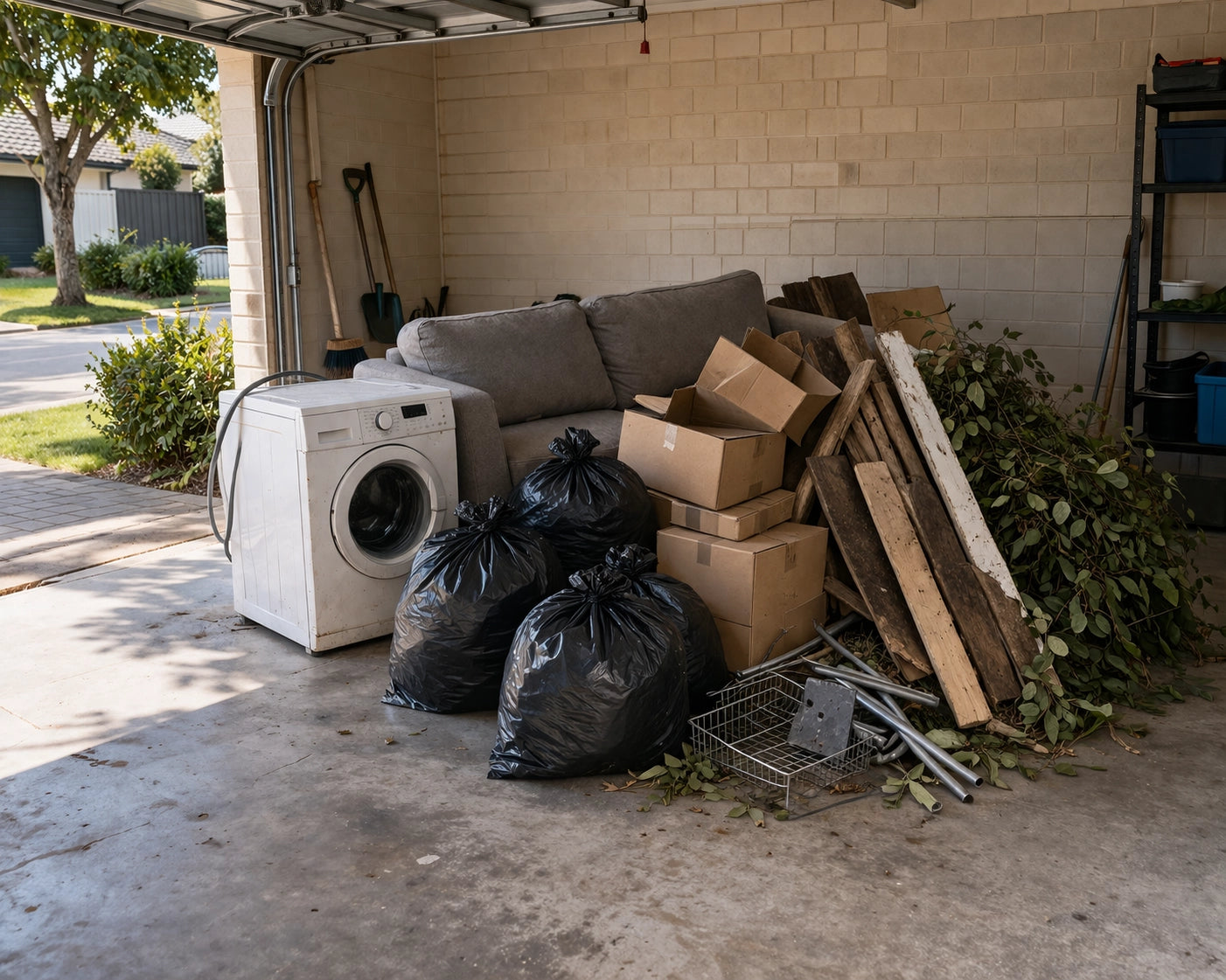 Household junk build-up in a Jindalee garage before professional junk removal service