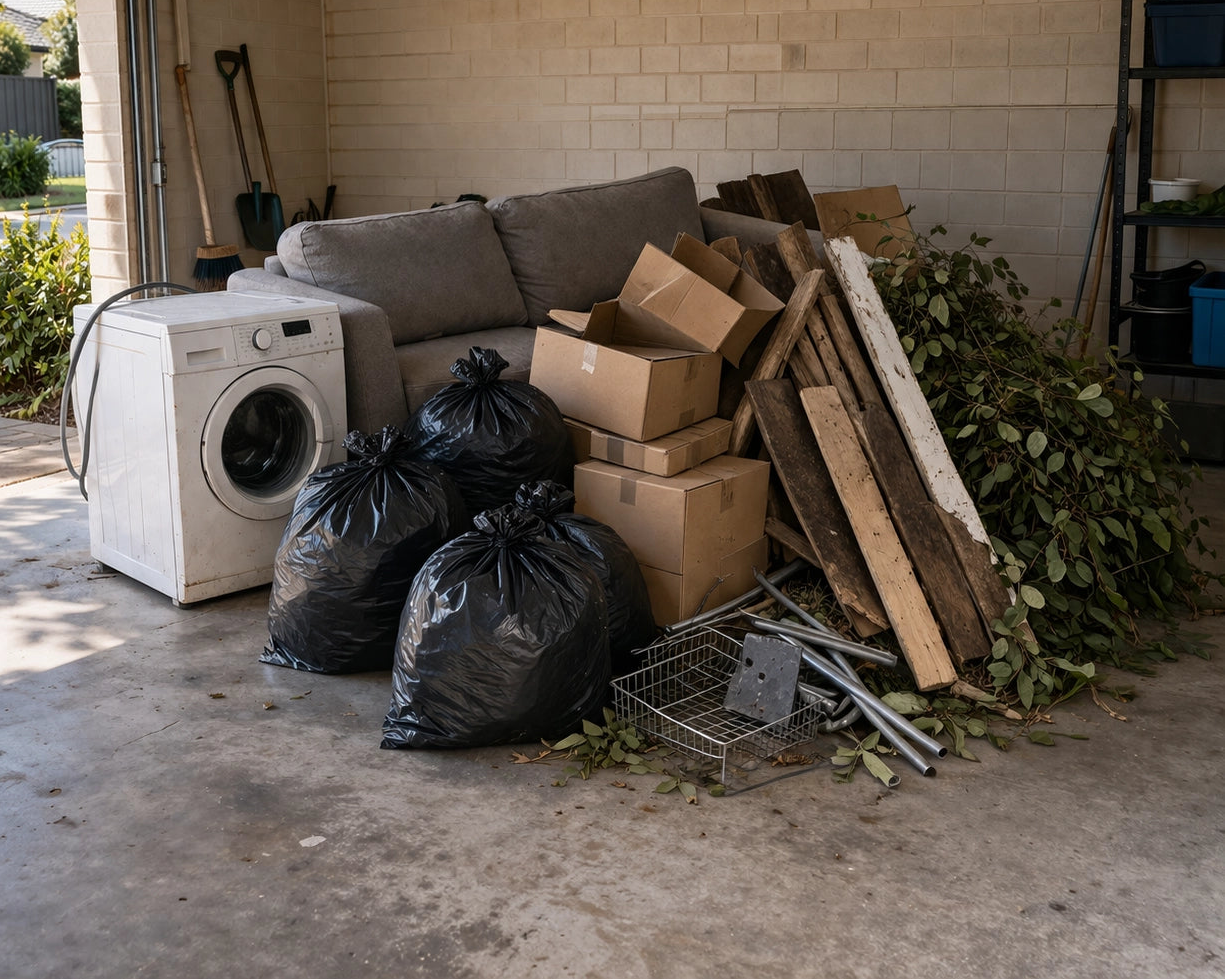 Household junk build-up in a Mindaire garage before professional junk removal service
