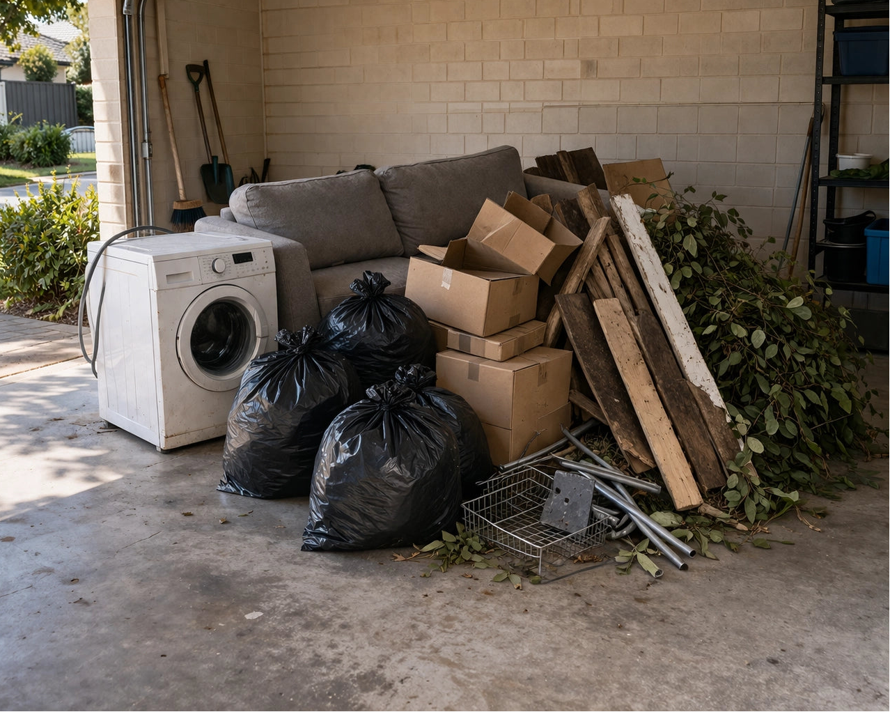 Household junk build-up in a Perth garage before professional junk removal service
