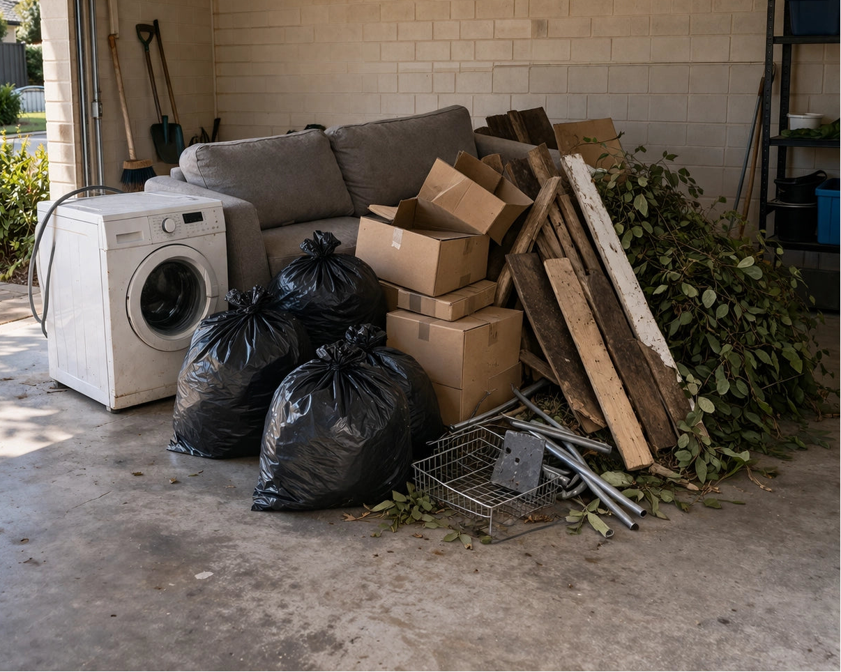 Household junk build-up in a Wembley garage before professional junk removal service