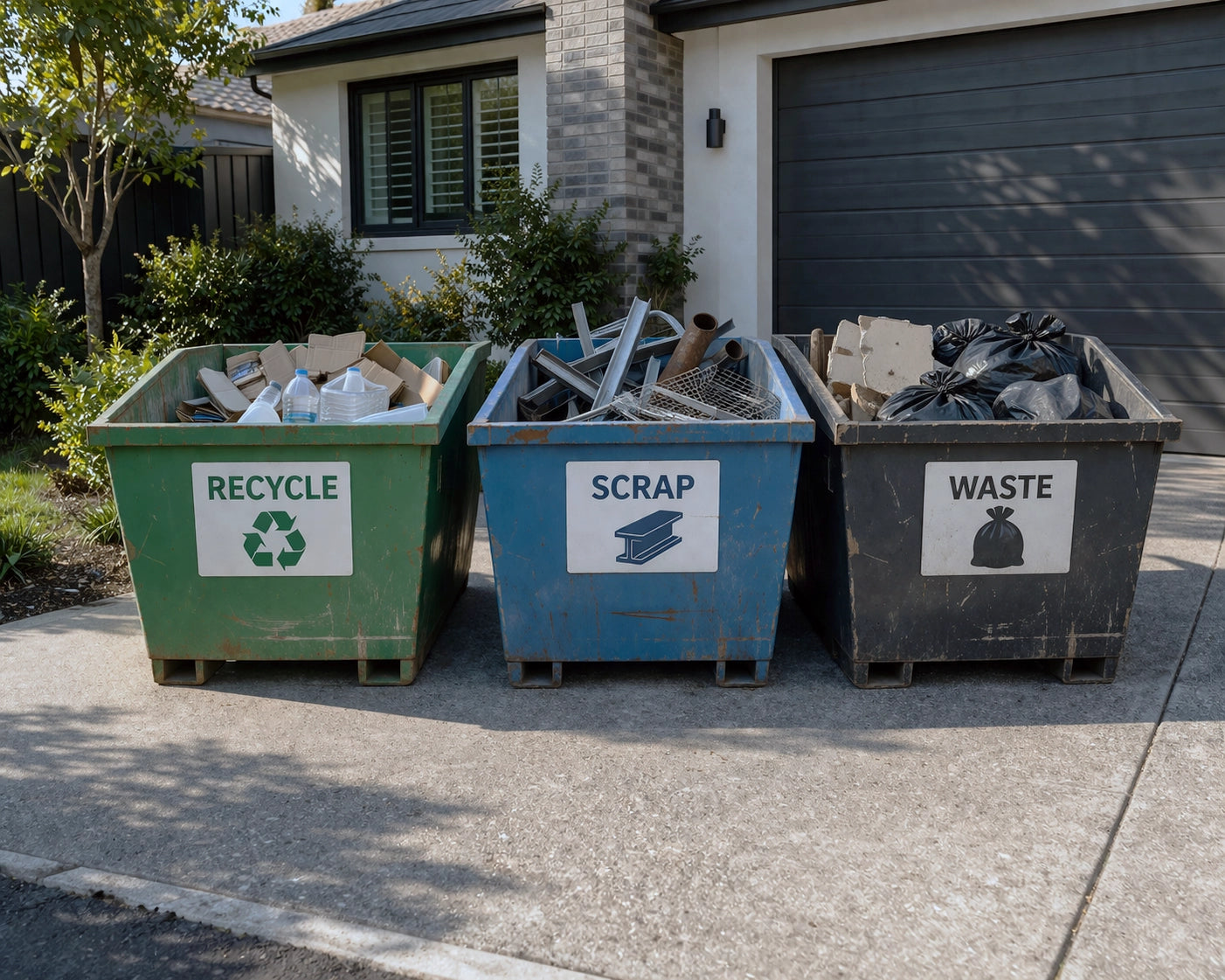 3 skip bins that are used for recycle, scrap and waste