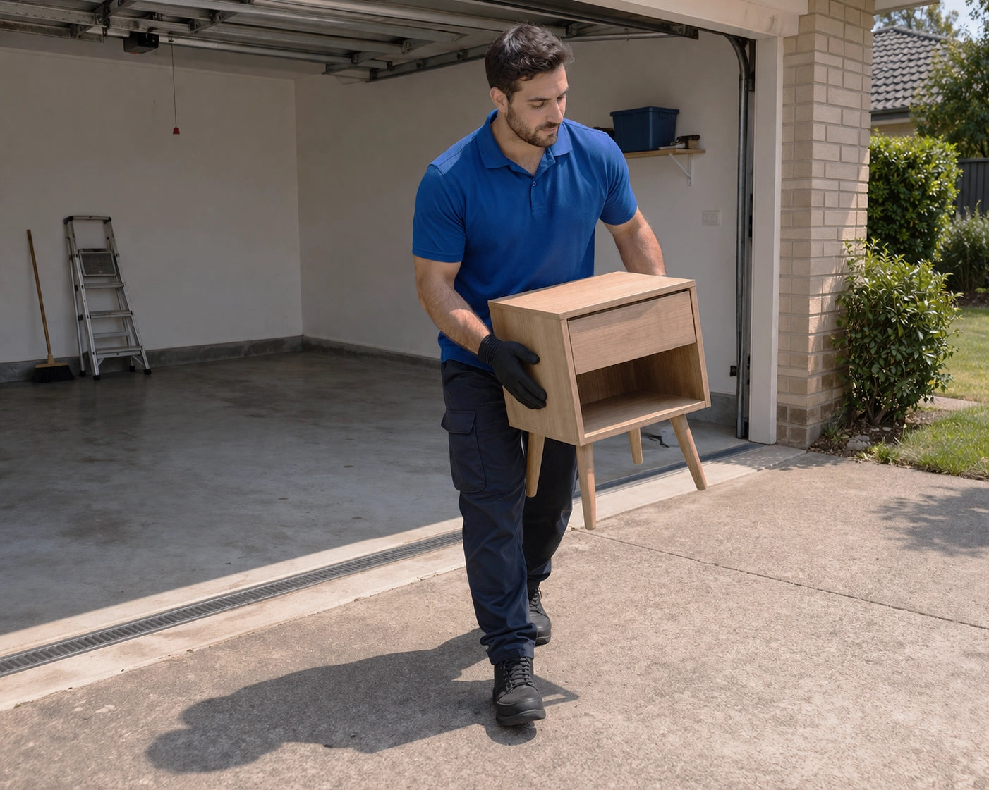 worker carrying a bed side table