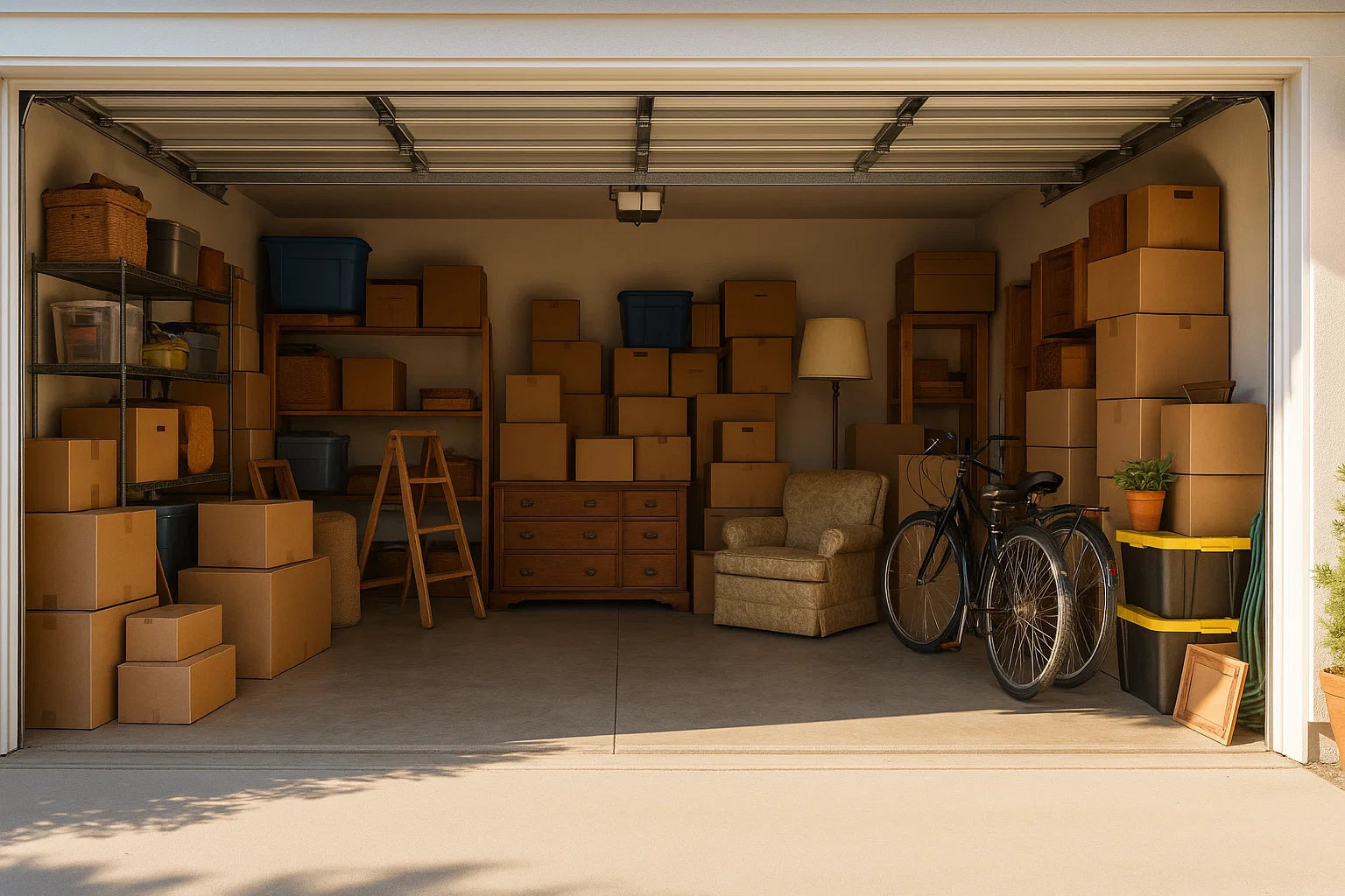 Wide-angle photo of a bright messy garage filled with boxes, furniture, and stored items, representing a space ready for professional decluttering and removal services in Perth.