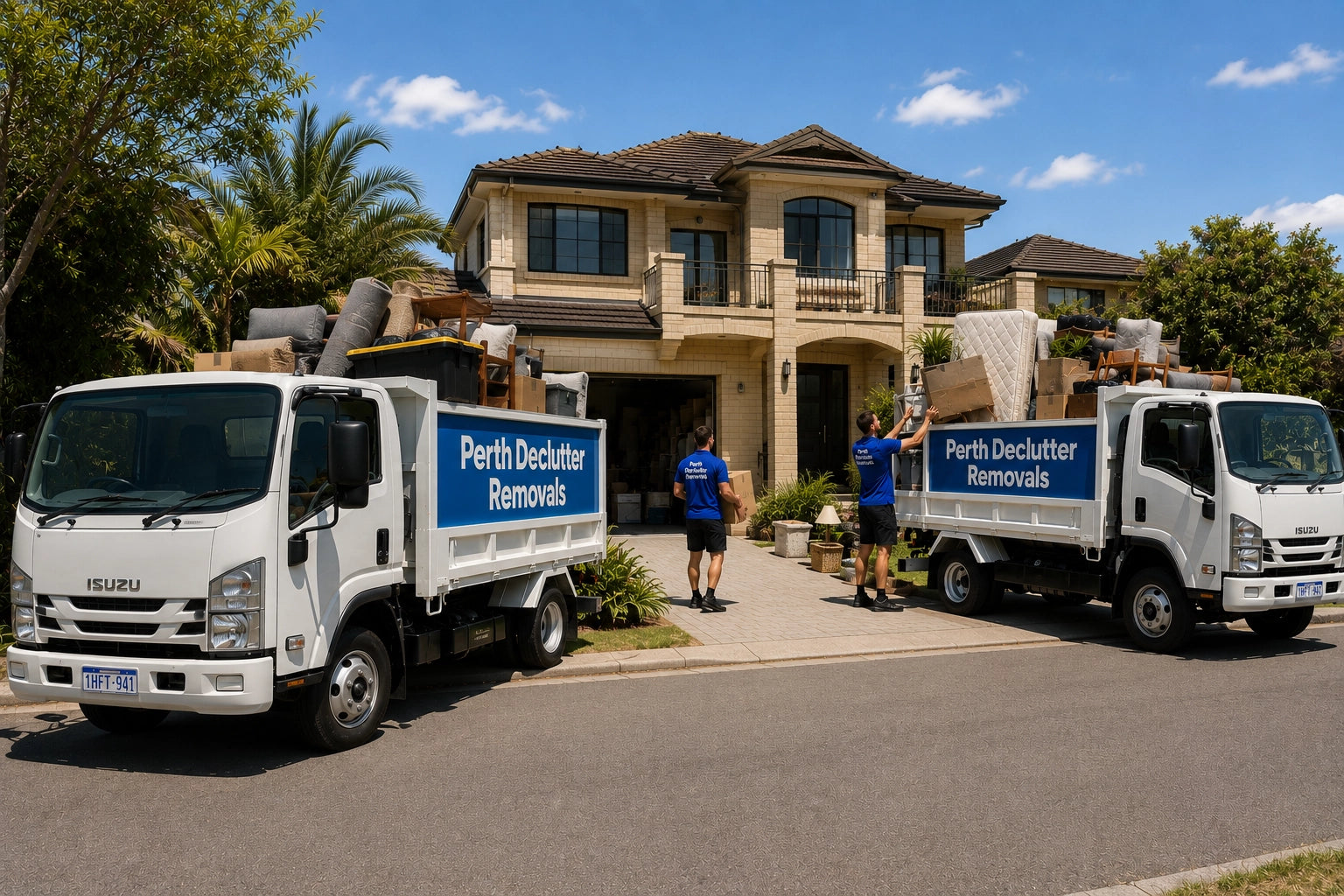 Two Perth Declutter Removals trucks completing a full property clear out during a house clearance in Perth.