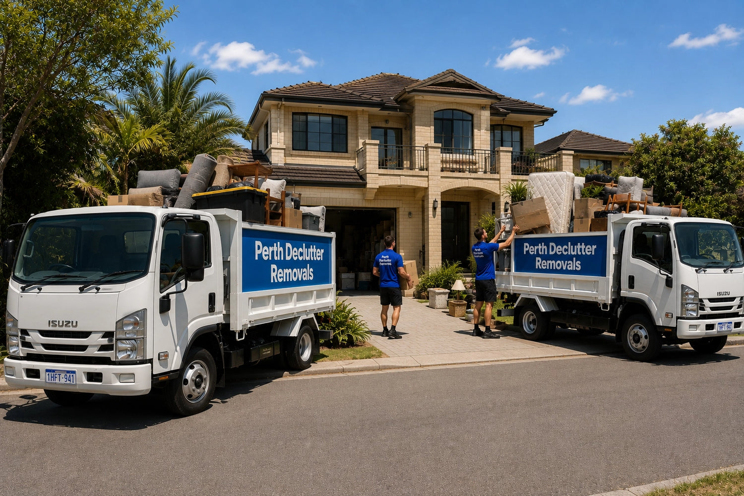 Two Perth Declutter Removals trucks completing a full property clear out during a house clearance in Perth.