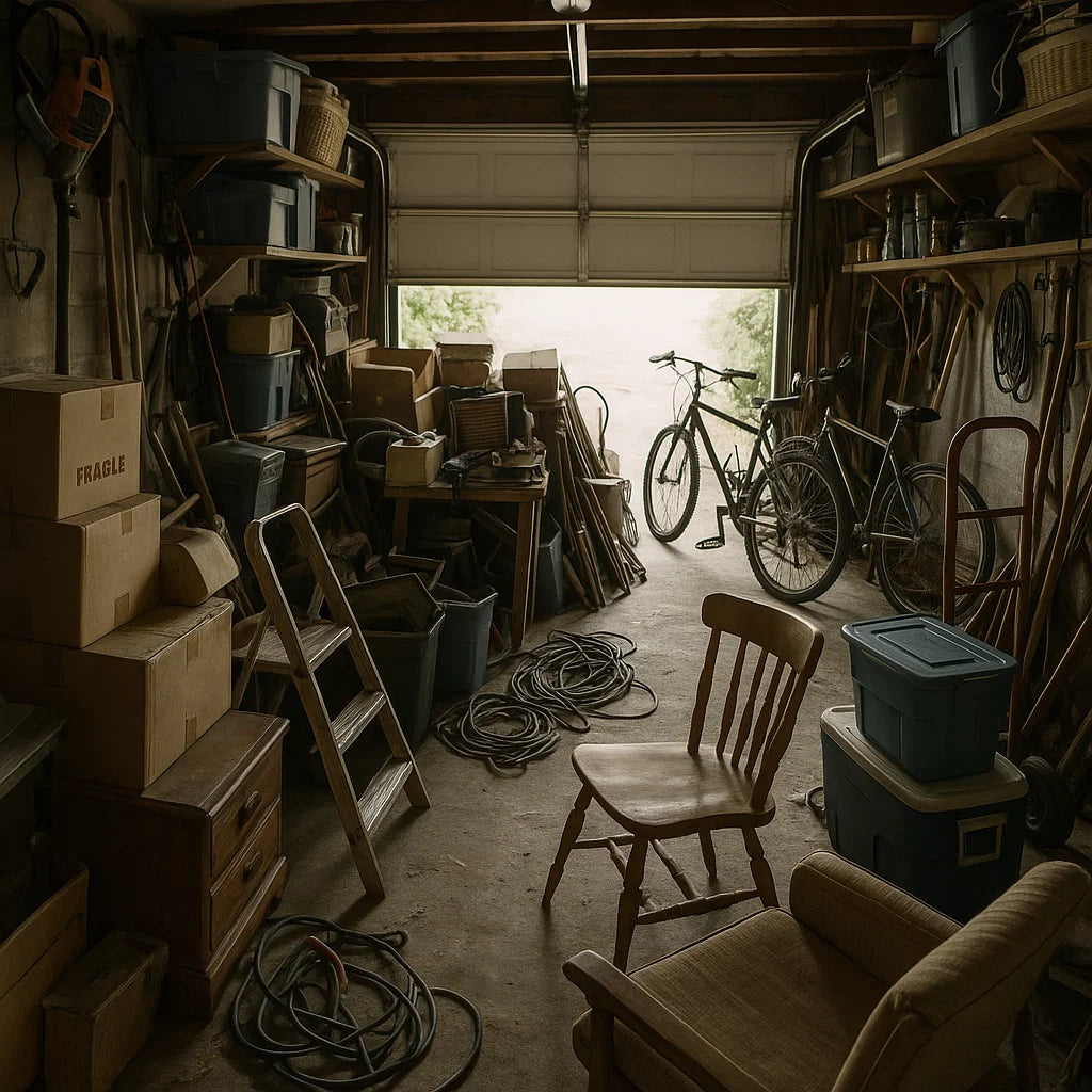 Wide-angle photo of a messy garage filled with stacked boxes, old furniture, and random clutter representing a space ready for professional decluttering and removal services in Perth.