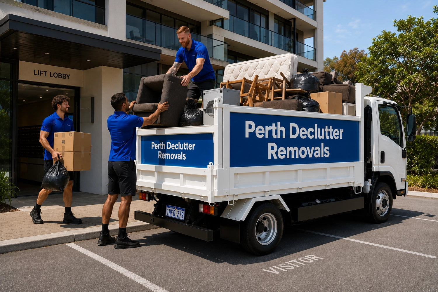 Jindalee junk removal team loading unwanted furniture and household items into a branded tipper truck