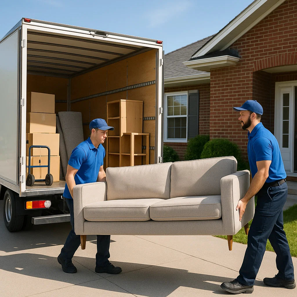 Professional removalist team carrying boxes and furniture out of a suburban house into a clean moving truck on a sunny day in Perth