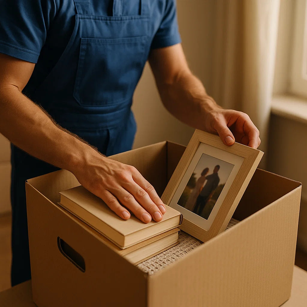 Professional removalist gently packing sentimental items like a photo frame, books, and a blanket into a box with soft warm light from a nearby window, showing care and respect