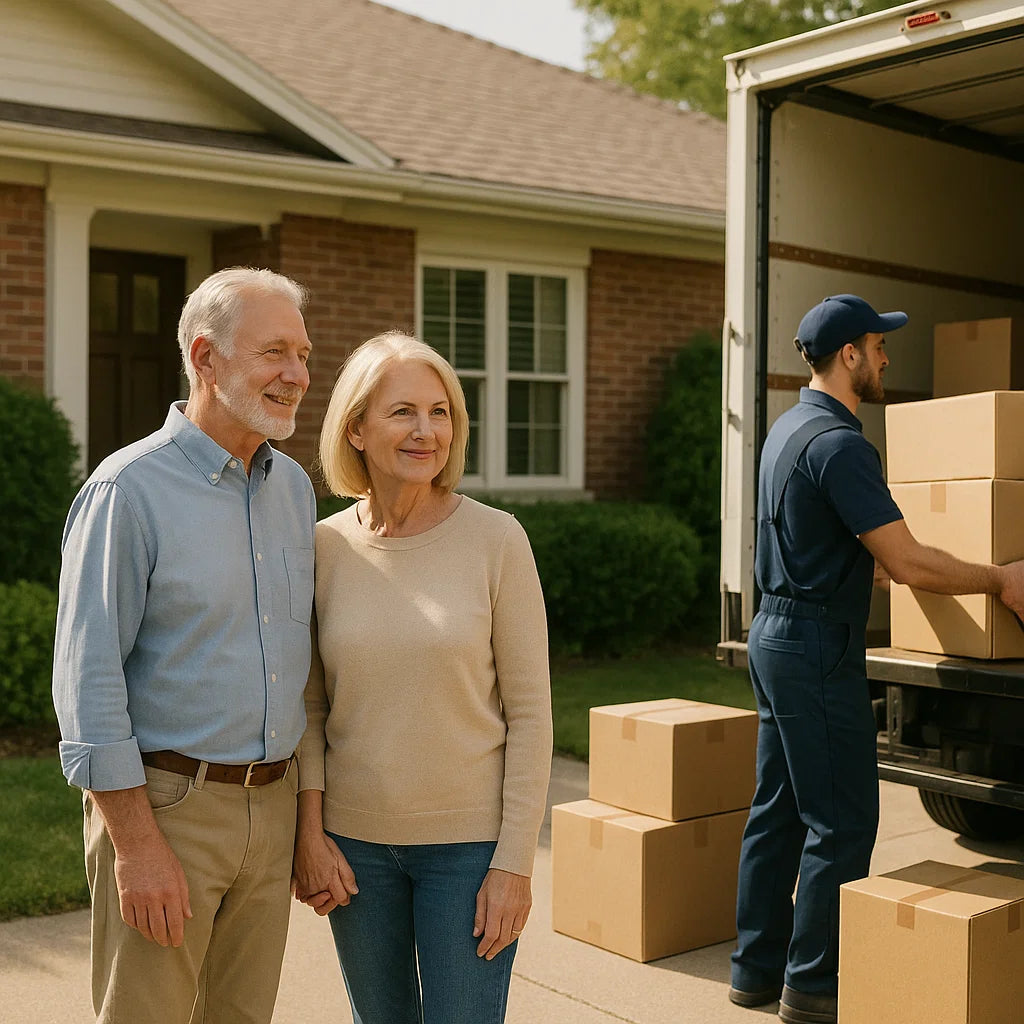Older couple standing outside a tidy suburban home watching professional removalists load boxes into a moving truck on a sunny day in Perth, conveying trust, relief, and a smooth downsizing move.